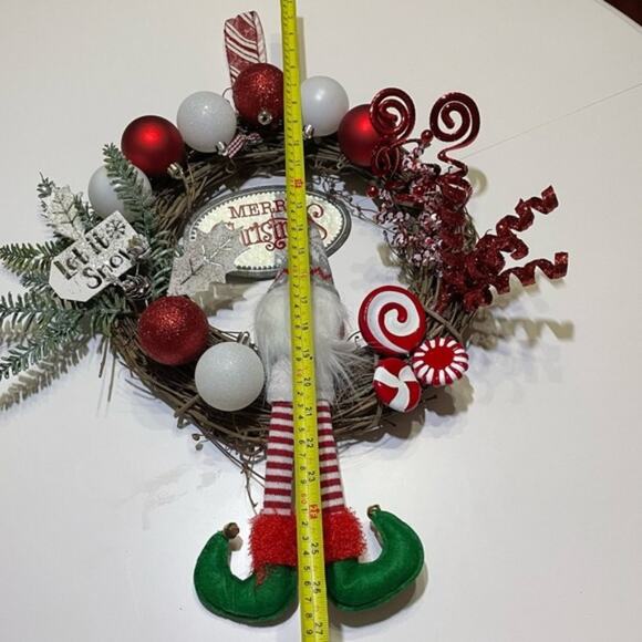 Christmas Grapevine Wreath Peppermint Gnome Let It Snow Handcrafted - Picture 8 of 11